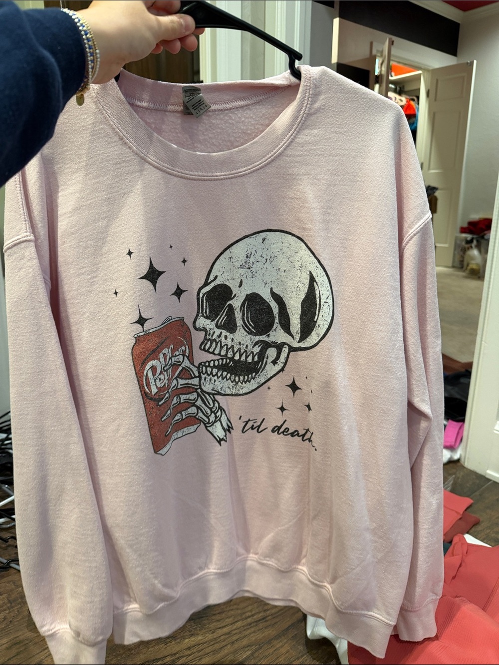 Gildan Light Pink Crewneck Sweatshirt with Skull & Soda Can Artwork
